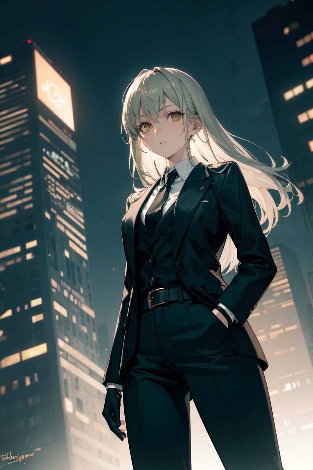 (((from below, depth of field, dutch angle, green lighting))), floating hair, 1girl, solo, formal, hand in pocket, suit, black gloves, building, looking at viewer, black necktie, fingerless gloves, white shirt, city, outdoors, black jacket, belt, black pants, collared shirt, brown eyes, standing, long sleeves, grey hair, cityscape, open jacket, cowboy shot, skyscraper, black suit, night, pant suit, very long hair