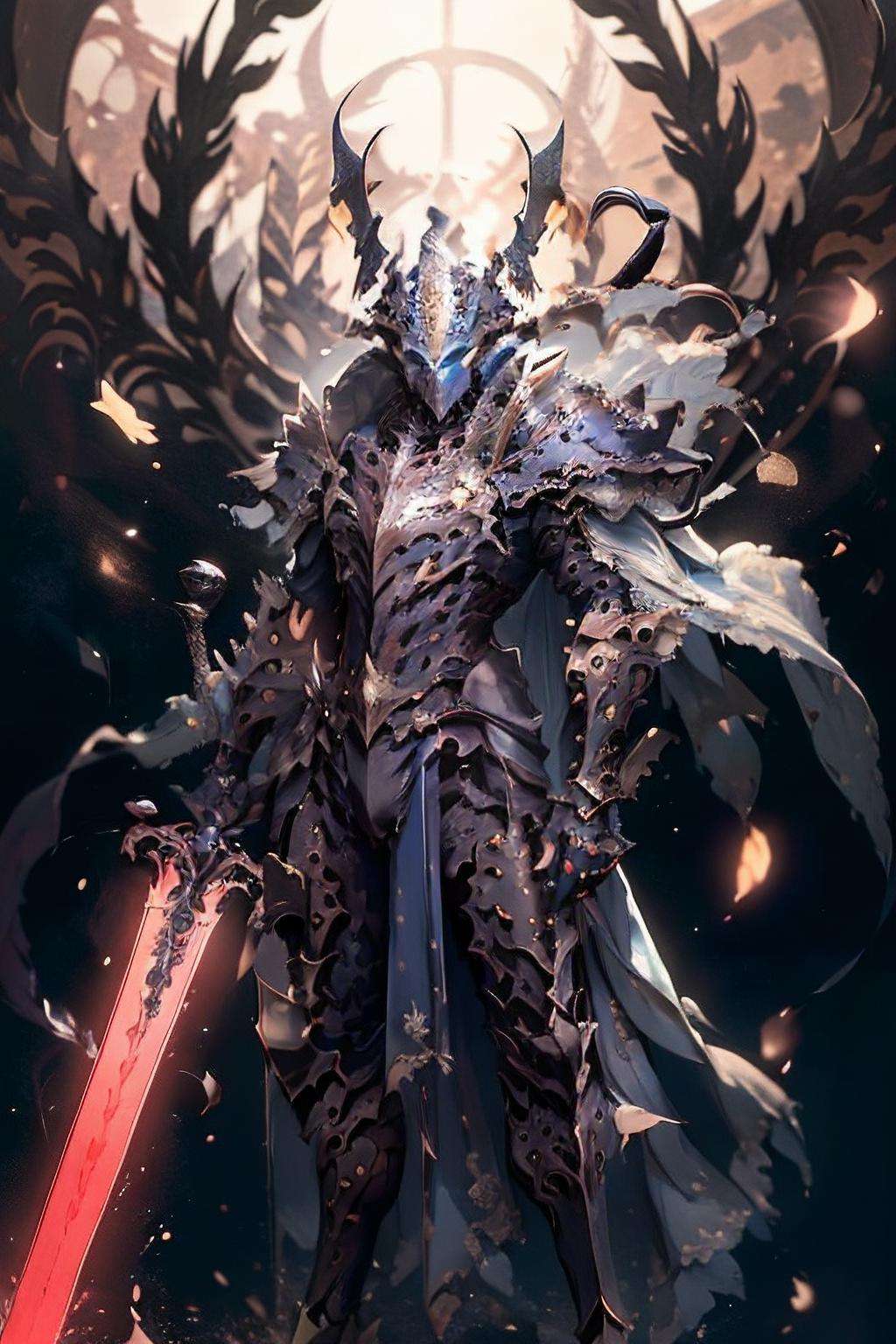 (masterpiece, top quality, best quality, official art, beautiful and aesthetic:1.2),(8k, best quality, masterpiece:1.2),CGDivineSwordsw, weapon, armor, solo, holding, horns, glowing, sword, 1boy, holding weapon, planted, male focus, glowing weapon, standing, helmet, gauntlets, holding sword, glowing sword, planted sword, shoulder armor, gradient, gradient background, greaves, pauldrons, (blue glow:1.3), <lora:CGDivineSwordsw_20230611172159:1>