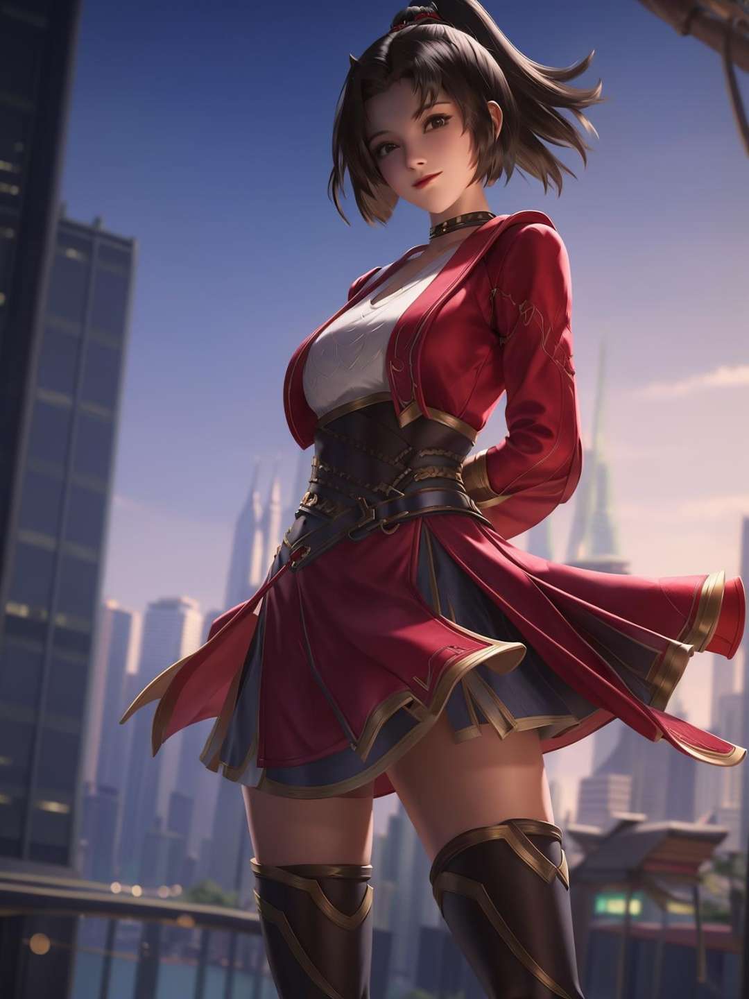 1girl, short hair, standing, cityscape, night, lake,looking at viewer, mature female, arms behind back, ponytail, hair ornament,belt,skirt,boots,  <lora:yunying_20230706143836-000020:0.8>,jacket, 