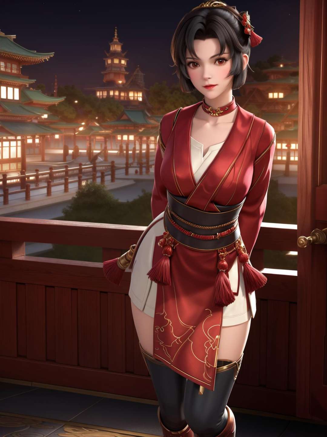 mature female, arms behind back, cityscape,night,facial mark,close-up, indoors,window, 1girl,blush,looking at viewer,standing,hair ornament,short hair,boots, tassel ,obi, <lora:YUNYING_20230706235137-000012:0.8>