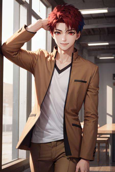 masterpiece, best quality, absurdres, perfect anatomy, 1boy, solo, multicolored hair, red eyes, short hair, smile, HomuraharaMale, brown jacket, brown pants, <lora:HomuraharaUniform:1>