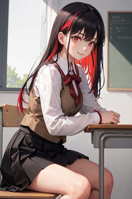 masterpiece, best quality, absurdres, perfect anatomy, 1girl, solo, multicolored hair, red eyes, long hair, smile, HomuraharaFemale, collared shirt, brown vest, long sleeves, black skirt, from side, sitting, school, indoors, <lora:HomuraharaUniform:1>