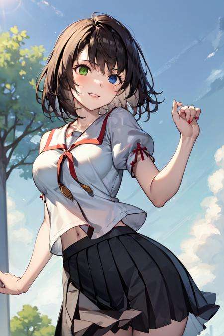 masterpiece, best quality, absurdres, perfect anatomy, 1girl, solo, YunaFFX, heterochromia, short hair, medium breasts, smile, HomuraharaFemaleSummer, serafuku, red ribbon, black skirt, puffy short sleeves, <lora:HomuraharaUniform:1>