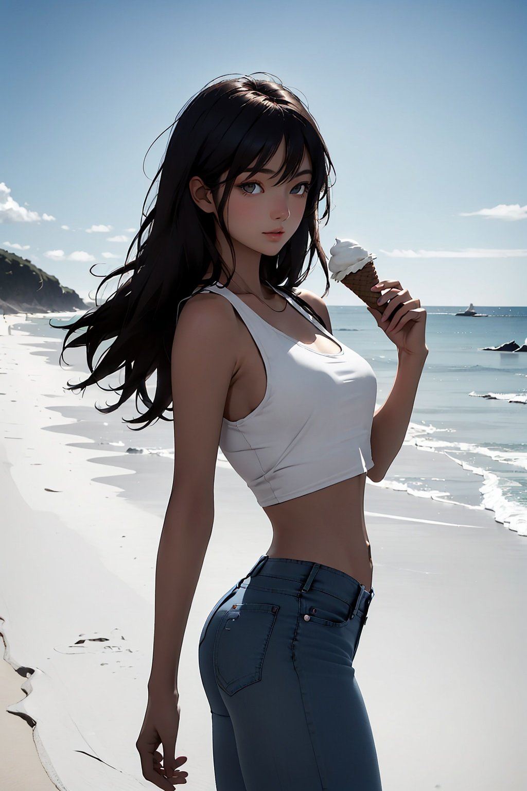 fair complexion, clear eyelids, bright eyes, dark brown wavy hair, wearing white navel-less tank top and blue skinny jeans holding ice cream in hand, 15 year old student showing beautiful facial details and skin texture.   Looking back, 1 girl with a beach by the sea in the background,Silhouette