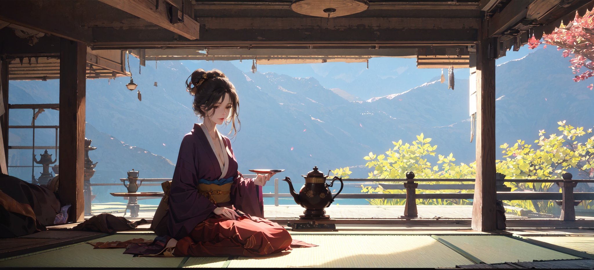 (masterpiece:1.2), best quality,pixiv, emma,solo,Black hair, brown eyes, kimono, medium breast,show cleavage,sitting,Japanese architecture, sun, small table, teapot, tatami, porch <lora:emma_20230706225121-000007:0.9> 