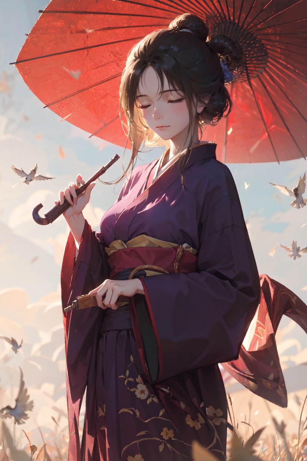 (masterpiece:1.2), best quality,pixiv, emma,1girl, bird, solo, outdoors, holding, japanese clothes, grass, black hair, kimono, weapon, closed mouth, long sleeves, closed eyes, gun, hanfu, hand fan, holding weapon, wide sleeves, standing, holding fan, bangs, umbrella, holding gun, chinese clothes, sky, artist name <lora:emma_20230706225121-000007:0.9>