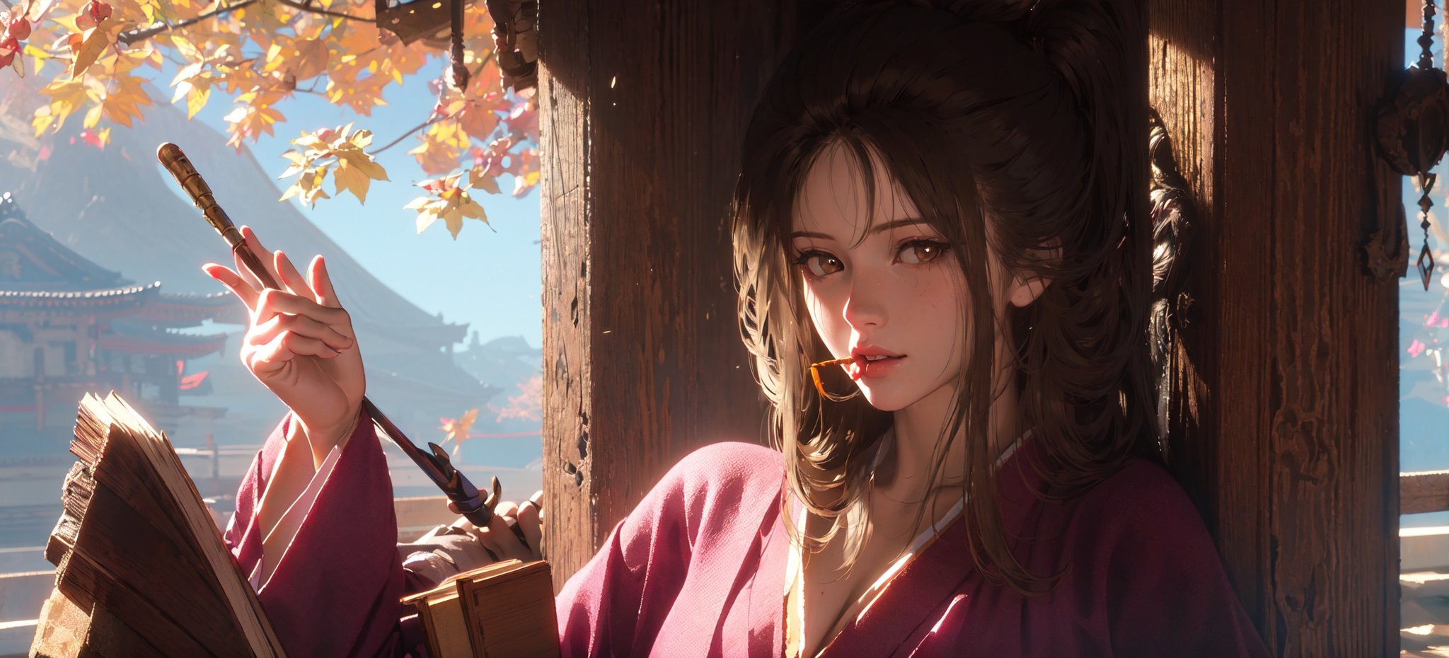 (masterpiece:1.2), best quality,pixiv, emma,1girl, solo, sitting, holding, smoking pipe, realistic, tree, book, looking at viewer, japanese clothes, holding smoking pipe, brown eyes, day, lips <lora:emma_20230706225121-000007:0.9>  