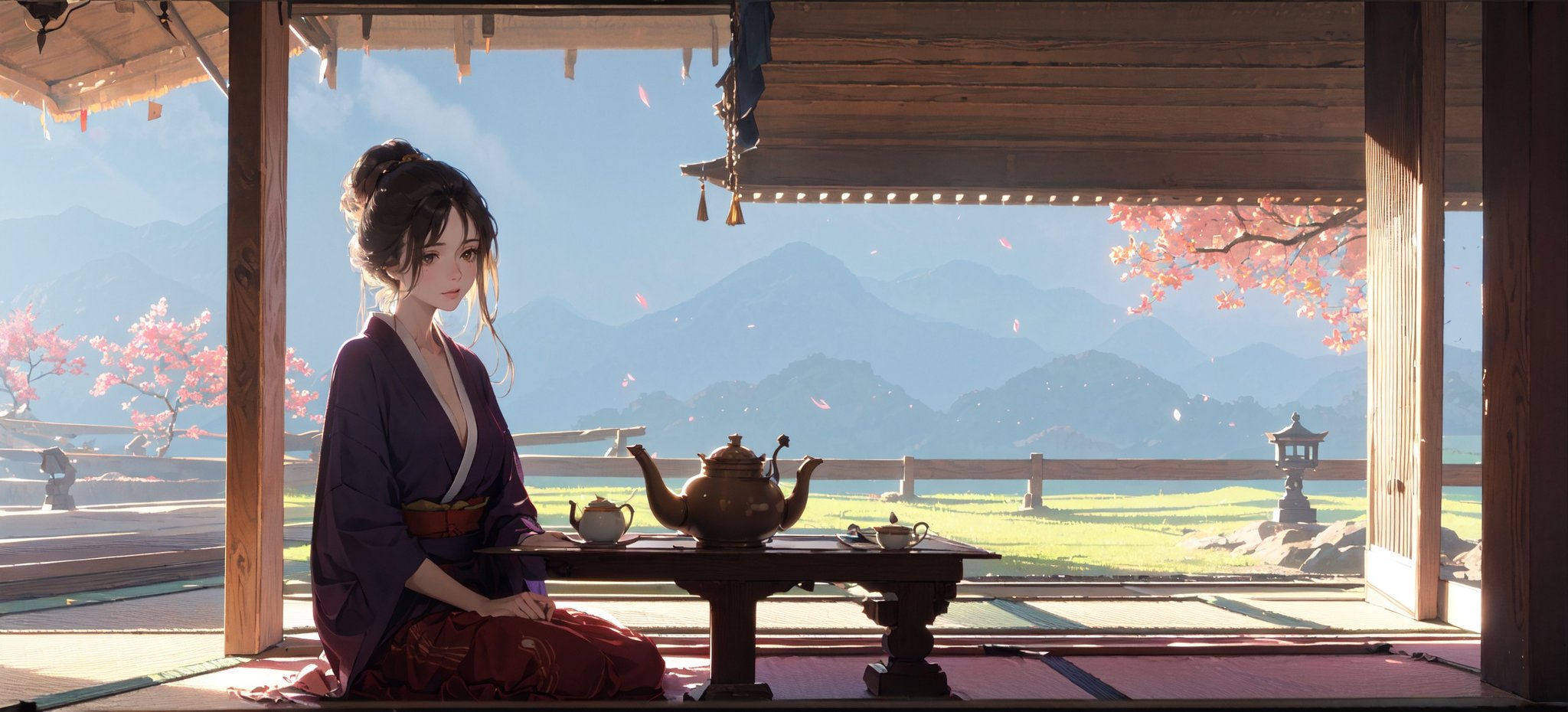 (masterpiece:1.2), best quality,pixiv, emma,solo,Black hair, brown eyes, kimono, medium breast,show cleavage,sitting,Japanese architecture, sun, small table, teapot, tatami, porch <lora:emma_20230706225121-000007:0.9>  