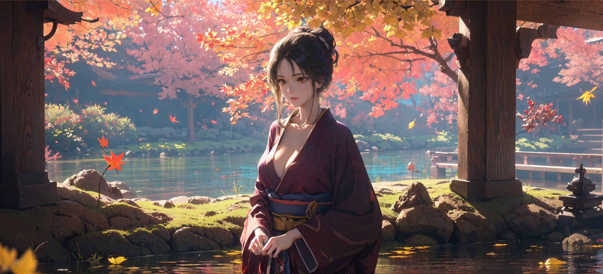 (masterpiece:1.2), best quality,pixiv, emma,Black hair, brown eyes, kimono, medium breast,show cleavage,upper body, standing in water,Japanese courtyard, yellow leaves, autumn, pond, stone, dry landscape,koi, <lora:emma_20230706225121-000007:0.9>  