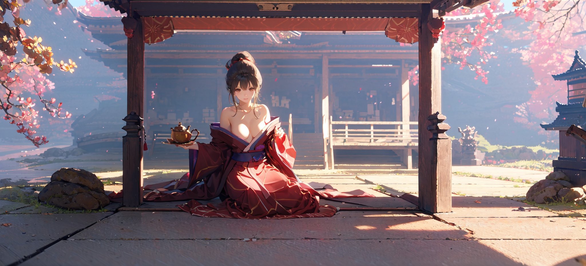 (masterpiece:1.2), best quality,pixiv, emma,Black hair, brown eyes, kimono, medium breast,show cleavage,sitting,Japanese architecture, sun, small table, teapot, tatami, porch <lora:emma_20230706225121-000007:0.9> 