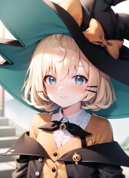 <lyco:millieparfait1-000007:1.0>, milliedef, standing, upper body, smile, blush, outdoors, day, simple background, blue sky, sky, temple, looking at viewer, stairs, mountain, moody lighting, facing viewer, witch hat, hat,