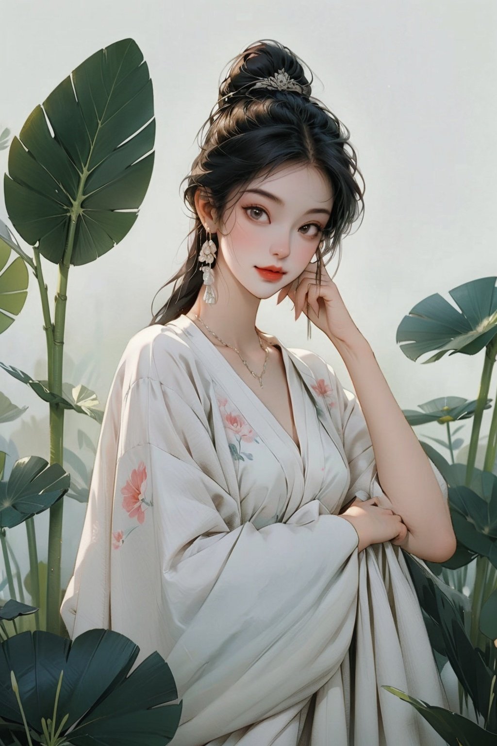 masterpiece,Ancient Chinese beauty sitting on stone, wearing ancient Chinese clothing, flowing tulle, light silk, lazy pose, large lotus leaves, lotus flowers, ink painting style, clean colors, decisive cutting, white space, freehand, masterpiece, super detailed, epic composition, high quality, highest quality,2.5D