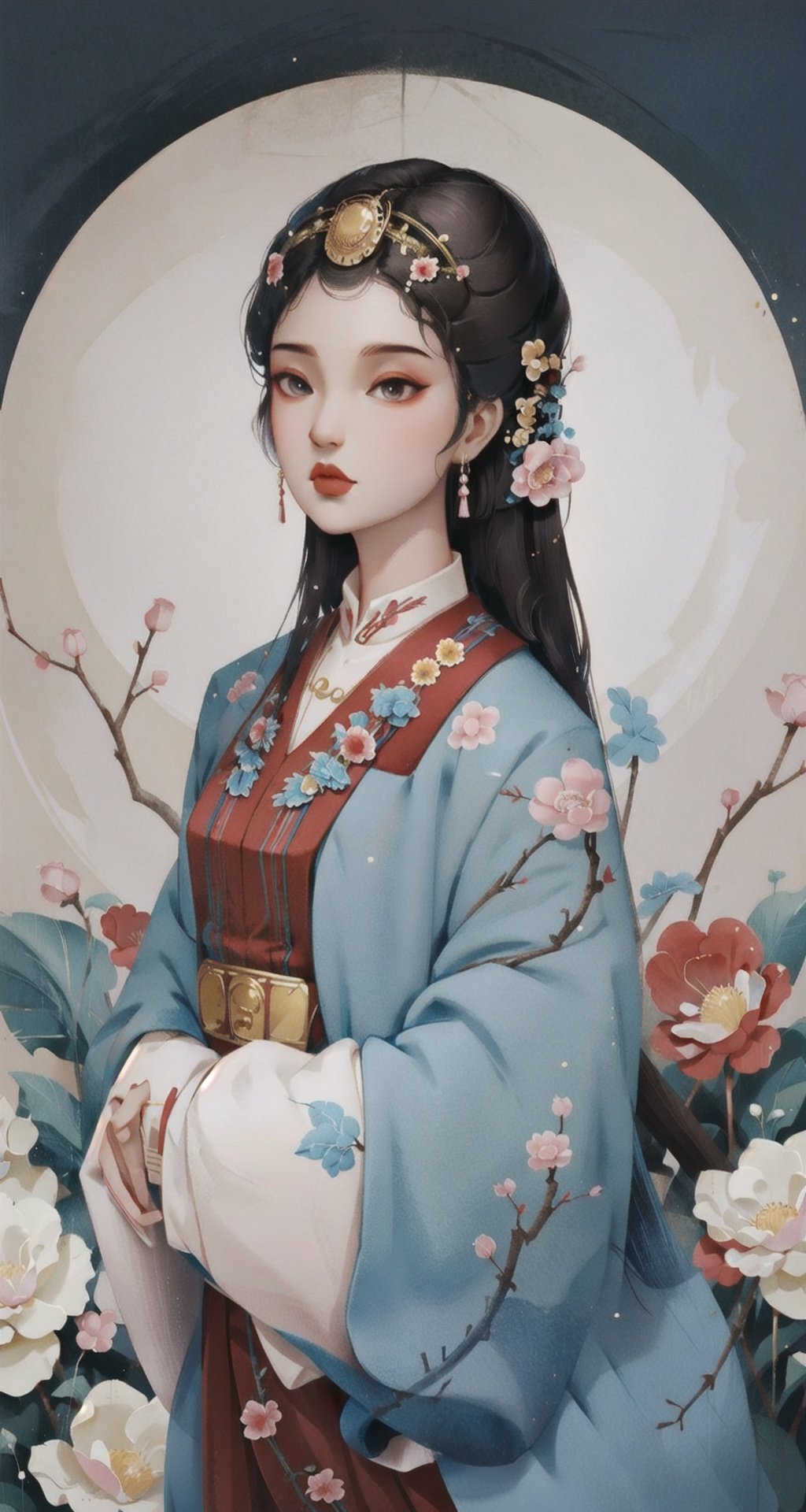 1girl, solo, hair ornament, flower, black hair, hair flower, floral print, long sleeves, upper body, red lips, makeup, looking to the side, brown background, wide sleeves, hanbok, black eyes, chinese clothes, white flower, looking away,  dress, sleeves past wrists, tassel, traditional clothes, lipstick, a painting of a woman in a blue and gold dress with flowers on her head and a blue and gold hanfu.,xiaosheng