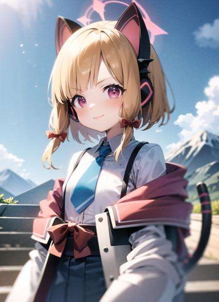 <lyco:momoi1-000007:1.0>, momoidef, upper body, smile, blush, outdoors, day, simple background, blue sky, sky, temple, looking at viewer, stairs, mountain, moody lighting, facing viewer,