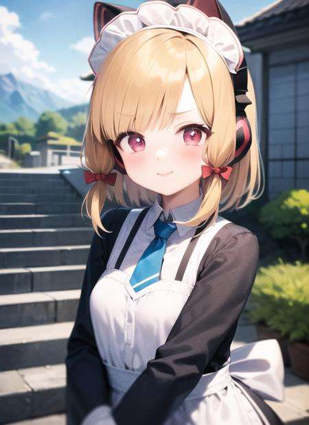 <lyco:momoi1-000007:1.0>, momoirnd, upper body, smile, blush, outdoors, day, simple background, blue sky, sky, temple, looking at viewer, stairs, mountain, moody lighting, facing viewer, white headwear, black thighhighs, apron, maid headdress, maid outfit,