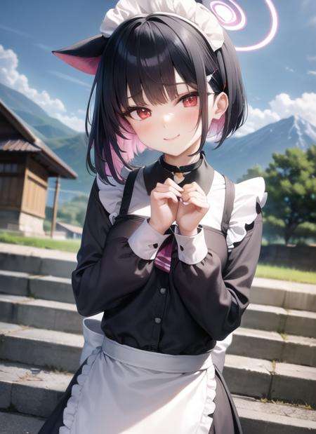 <lyco:kazusa1-000008:1.0>, kazusarnd, upper body, smile, blush, outdoors, day, simple background, blue sky, sky, temple, looking at viewer, stairs, mountain, moody lighting, facing viewer, white headwear, black thighhighs, apron, maid headdress, maid outfit,