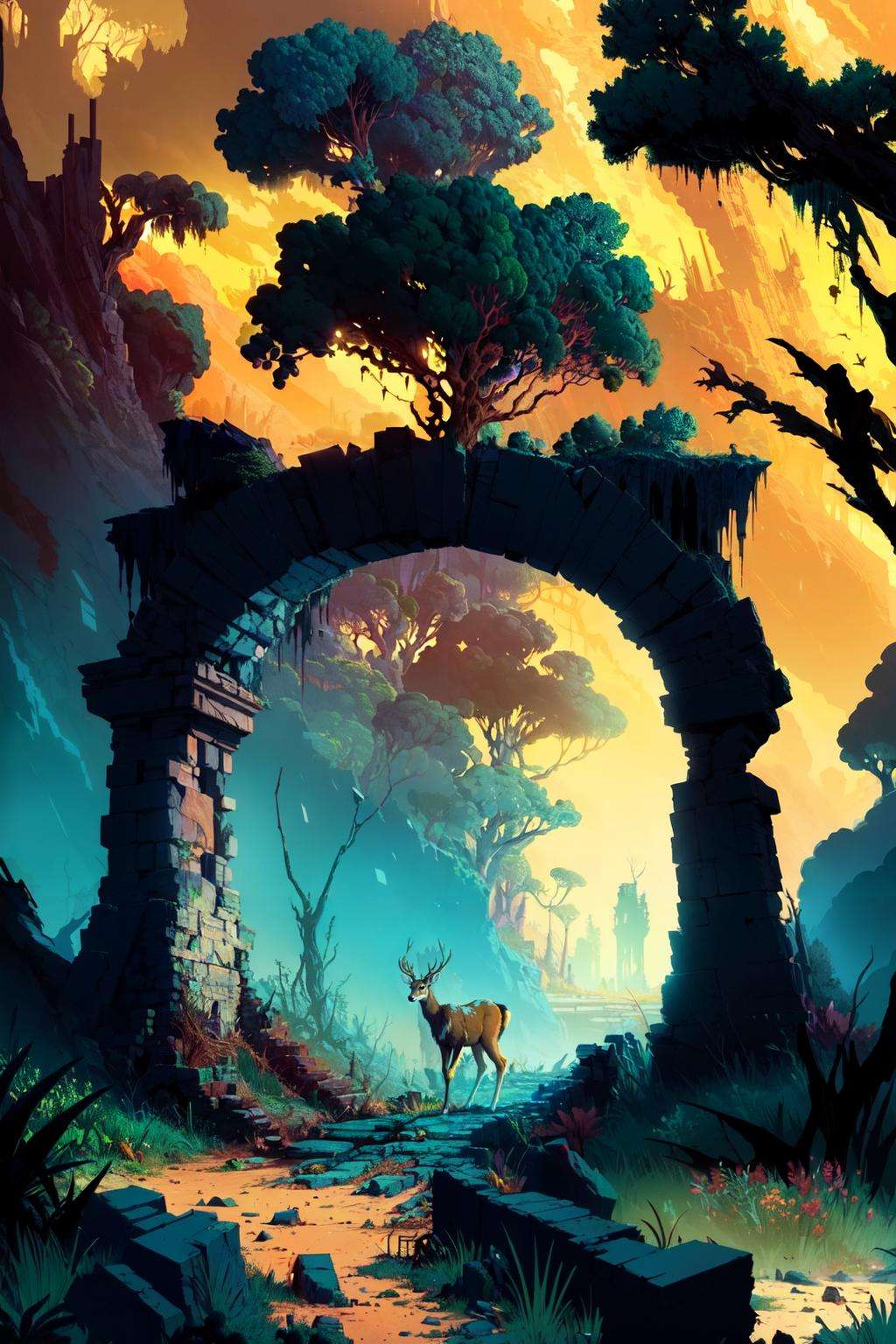 by kilian eng  <lora:kilian_eng_finetuned:0.7> a deer crossing ancient ruins in a magical overgrown forest, golden hour lighting