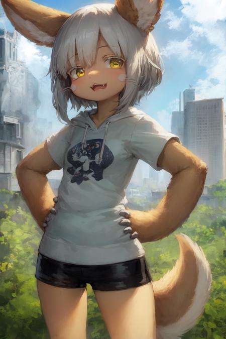 1girl, solo, furry, fluffy, brown fur, short hair, nanachi \(made in abyss\), animal ears, tail, yellow eyes, hoodie, shorts, t-shirt, hand on hip, :3, open mouth, standing, looking at viewer, outdoors, city <lora:char-nanachi:1>