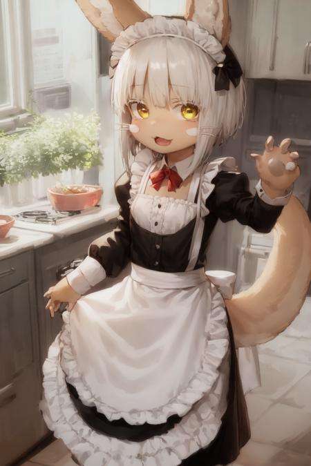 1girl, solo, furry, fluffy, brown fur, short hair, nanachi \(made in abyss\), animal ears, tail, yellow eyes, maid, apron, puffy sleeves, long sleeves, maid headband, :3, open mouth, standing, looking at viewer, kitchen <lora:char-nanachi:1>