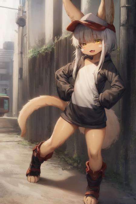 1girl, solo, furry, fluffy, brown fur, short hair, nanachi \(made in abyss\), long hair, animal ears, tail, yellow eyes, hoodie, boots, baseball cap, hand on hip, :3, open mouth, standing, looking at viewer, outdoors, city <lora:char-nanachi:1>