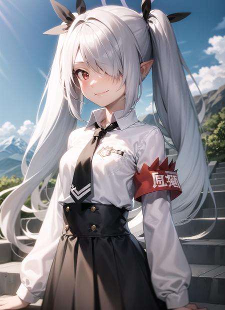 <lyco:iori1-000005:1.0>, ioridef, upper body, smile, blush, outdoors, day, simple background, blue sky, sky, temple, looking at viewer, stairs, mountain, moody lighting, facing viewer,