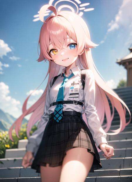 <lyco:hoshino1-000006:1.0>, hoshinodef, upper body, smile, blush, outdoors, day, simple background, blue sky, sky, temple, looking at viewer, stairs, mountain, moody lighting, facing viewer,