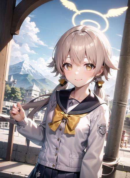 <lyco:hifumi1-000005:1.0>, hifumidef, upper body, smile, blush, outdoors, day, simple background, blue sky, sky, temple, looking at viewer, stairs, mountain, moody lighting, facing viewer,