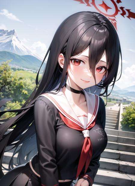 <lyco:hasumi1-000006:1.0>, hasumidef, upper body, smile, blush, outdoors, day, simple background, blue sky, sky, temple, looking at viewer, stairs, mountain, moody lighting, facing viewer,