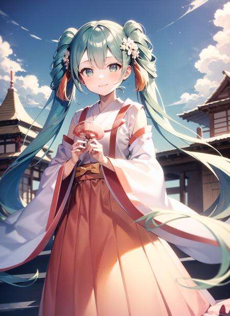 <lyco:hatsunemiku1-000006:1.0>, meigetsu, upper body, smile, blush, outdoors, day, simple background, blue sky, sky, temple, looking at viewer, stairs, mountain, moody lighting, facing viewer,