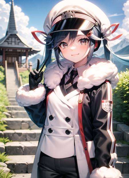 <lyco:hatsunemiku1-000006:1.0>, yukimiku2022, short hair, upper body, smile, blush, outdoors, day, simple background, blue sky, sky, temple, looking at viewer, stairs, mountain, moody lighting, facing viewer,