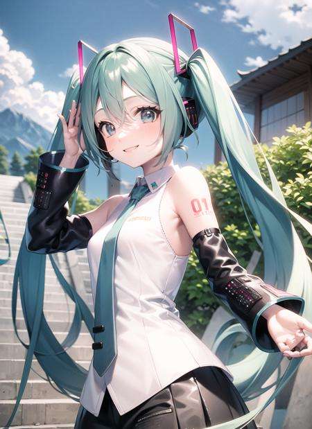 <lyco:hatsunemiku1-000006:1.0>, vocaloid4, upper body, smile, blush, outdoors, day, simple background, blue sky, sky, temple, looking at viewer, stairs, mountain, moody lighting, facing viewer,