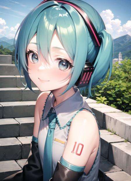 <lyco:hatsunemiku1-000006:1.0>, mikuo, short hair, upper body, smile, blush, outdoors, day, simple background, blue sky, sky, temple, looking at viewer, stairs, mountain, moody lighting, facing viewer,