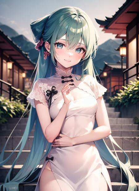 <lyco:hatsunemiku1-000006:1.0>, shaohua, upper body, smile, blush, outdoors, day, simple background, blue sky, sky, temple, looking at viewer, stairs, mountain, moody lighting, facing viewer,