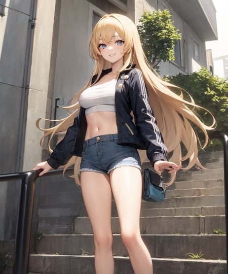 1girl, solo, blonde hair, long hair, blue eyes, medium breasts, sarashi, denim shorts, open jacket, standing, looking at viewer, smile, outdoors <lora:concept-sarafun:1>