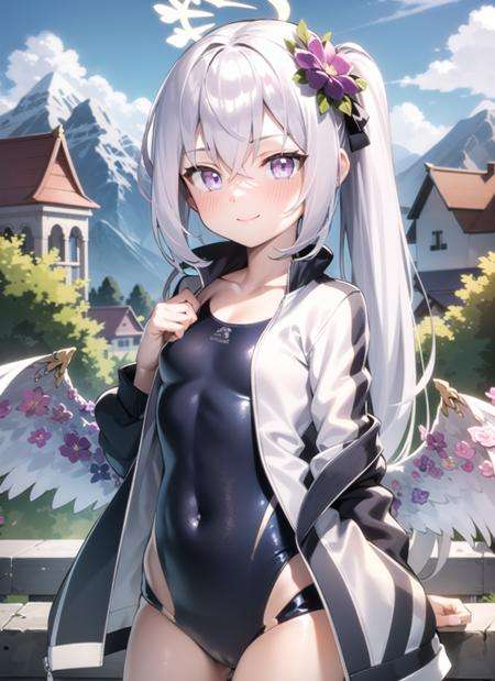 <lyco:azusa2-000004:1.0>, azusasport, upper body, smile, blush, outdoors, day, simple background, blue sky, sky, temple, looking at viewer, stairs, mountain, moody lighting, facing viewer,