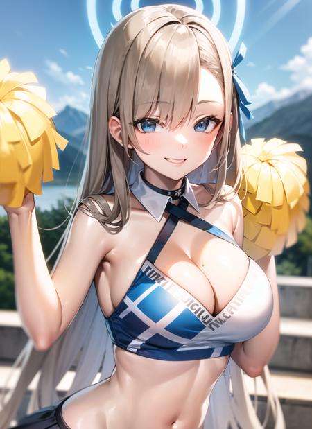 <lyco:asuna1-000004:1.0>, asunacheer, upper body, smile, blush, outdoors, day, simple background, blue sky, sky, temple, looking at viewer, stairs, mountain, moody lighting, facing viewer,