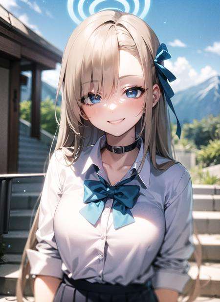 <lyco:asuna1-000004:1.0>, asunaschool, upper body, smile, blush, outdoors, day, simple background, blue sky, sky, temple, looking at viewer, stairs, mountain, moody lighting, facing viewer,