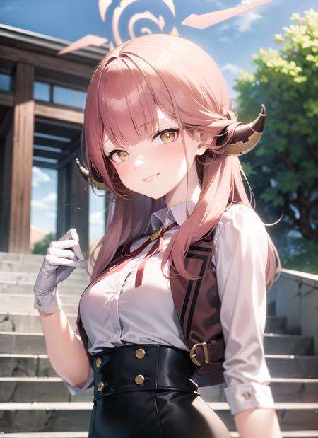 <lyco:aru1-000005:1.0>, arudef, upper body, smile, blush, outdoors, day, simple background, blue sky, sky, temple, looking at viewer, stairs, mountain, moody lighting, facing viewer,