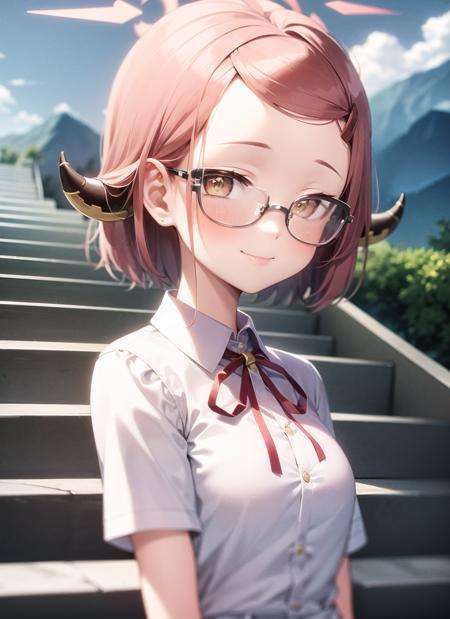 <lyco:aru1-000005:1.0>, aruclip, upper body, smile, blush, outdoors, day, simple background, blue sky, sky, temple, looking at viewer, stairs, mountain, moody lighting, facing viewer,