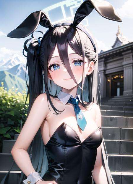 <lyco:aris1-000007:1.0>, arisbunny, upper body, smile, blush, outdoors, day, simple background, blue sky, sky, temple, looking at viewer, stairs, mountain, moody lighting, facing viewer,