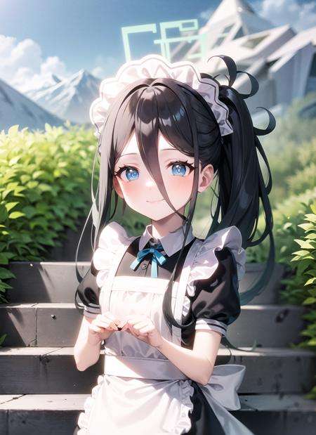 <lyco:aris1-000007:1.0>, arismaid, upper body, smile, blush, outdoors, day, simple background, blue sky, sky, temple, looking at viewer, stairs, mountain, moody lighting, facing viewer,