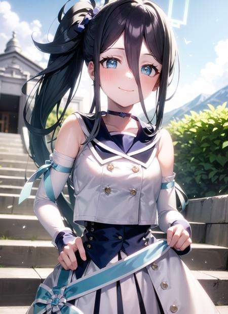 <lyco:aris1-000007:1.0>, arissailor, upper body, smile, blush, outdoors, day, simple background, blue sky, sky, temple, looking at viewer, stairs, mountain, moody lighting, facing viewer,