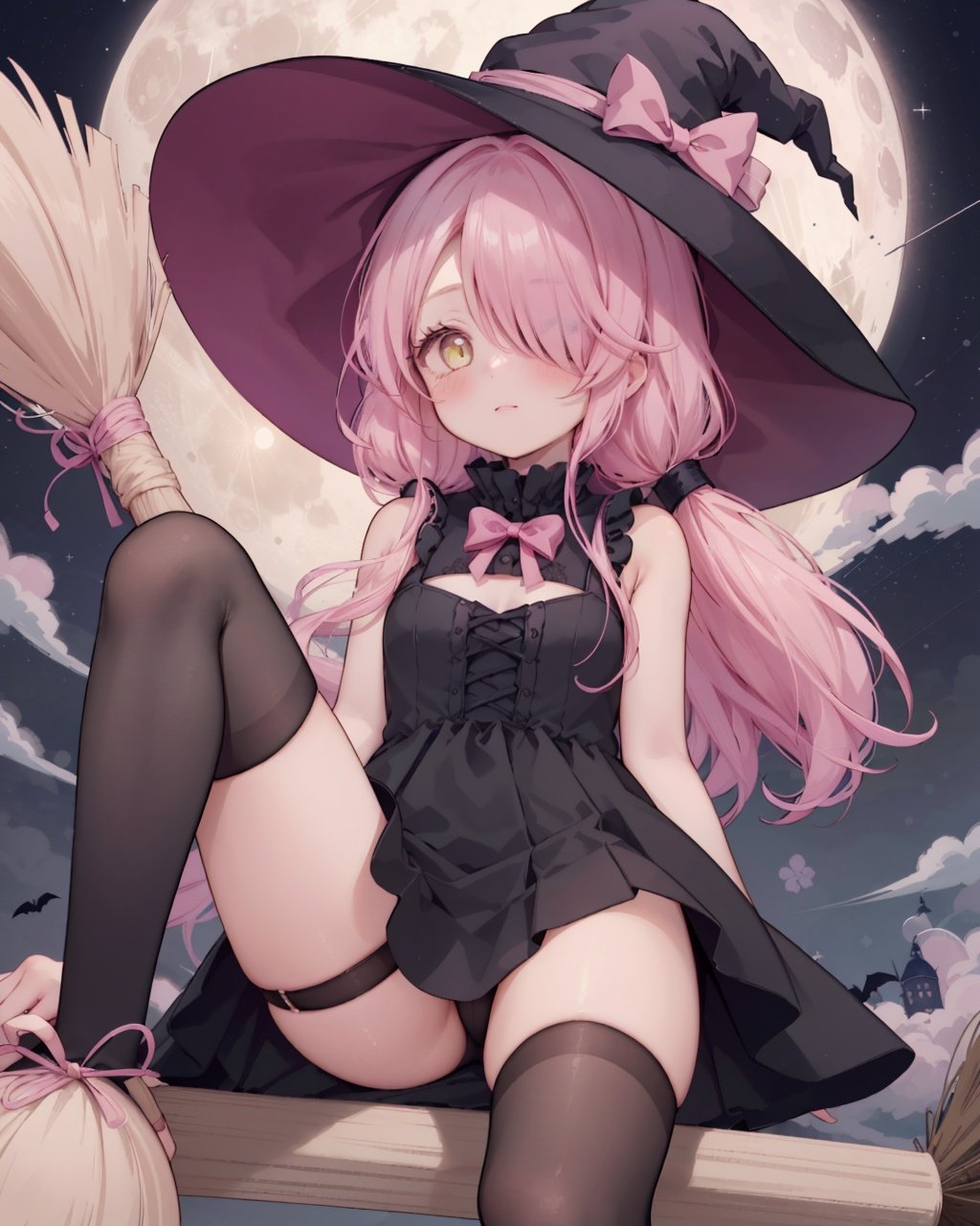 1girl, solo, nightflying,blush, sitting on broom,  pink hair,yellow eyes,hair over one eye,hair tie,medium hair with long locks , low tied,low ponytail,long locks,solo locks,bat (animal), bird, full moon,witch, witch hat,black footwear, sleeveless dress, black thighhighs,red bow,,