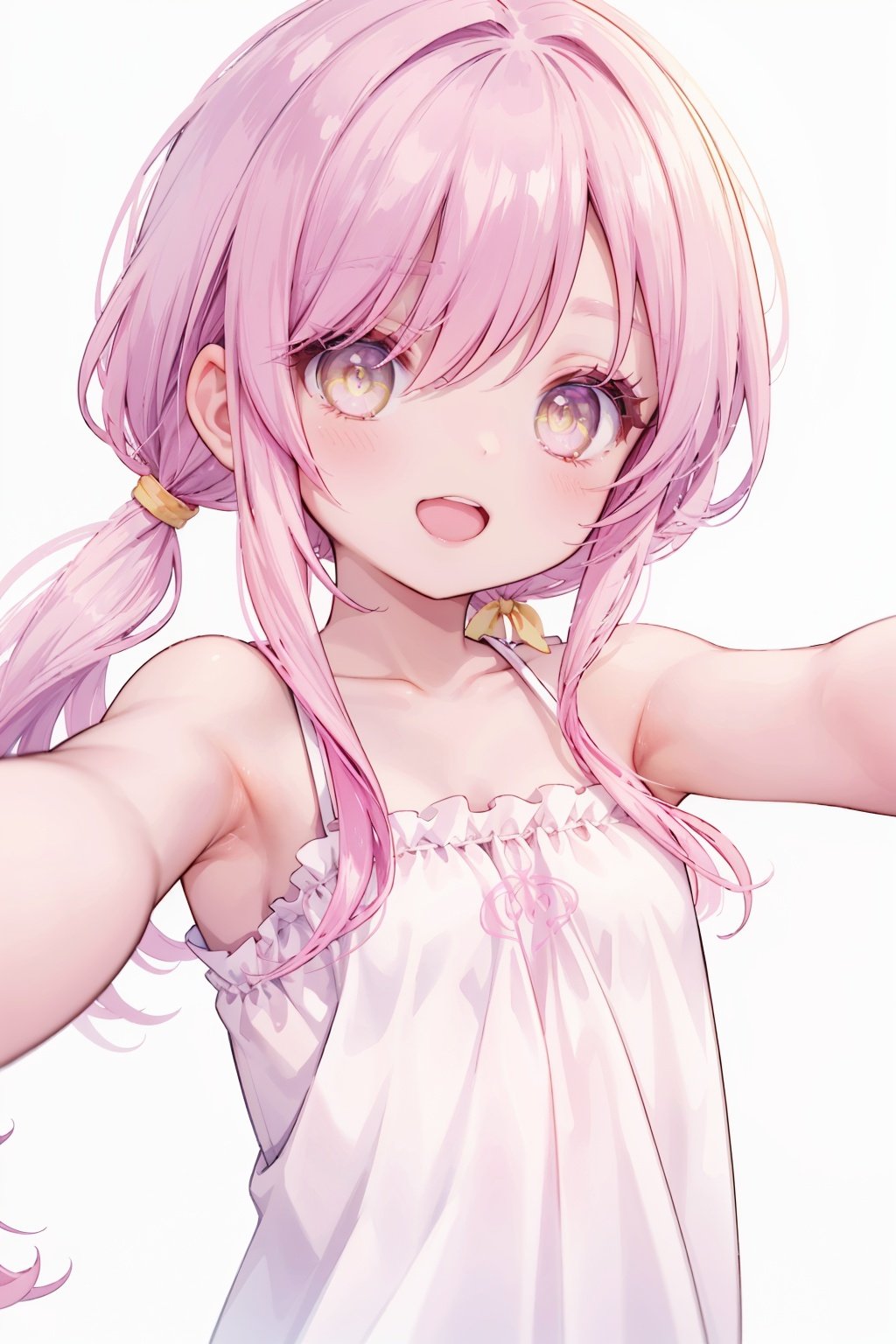 1girl, solo,looking at viewer,collarbone, blush,bare arms, bare shoulders,reaching out,close range, pink hair,yellow eyes,hair over one eye,hair tie,medium hair with long locks, low tied,low ponytail,long locks,solo locks,child,small breasts,bare shoulders,blush,light smile,open mouth, winking, standing,upper body,white background,outstretched arm,