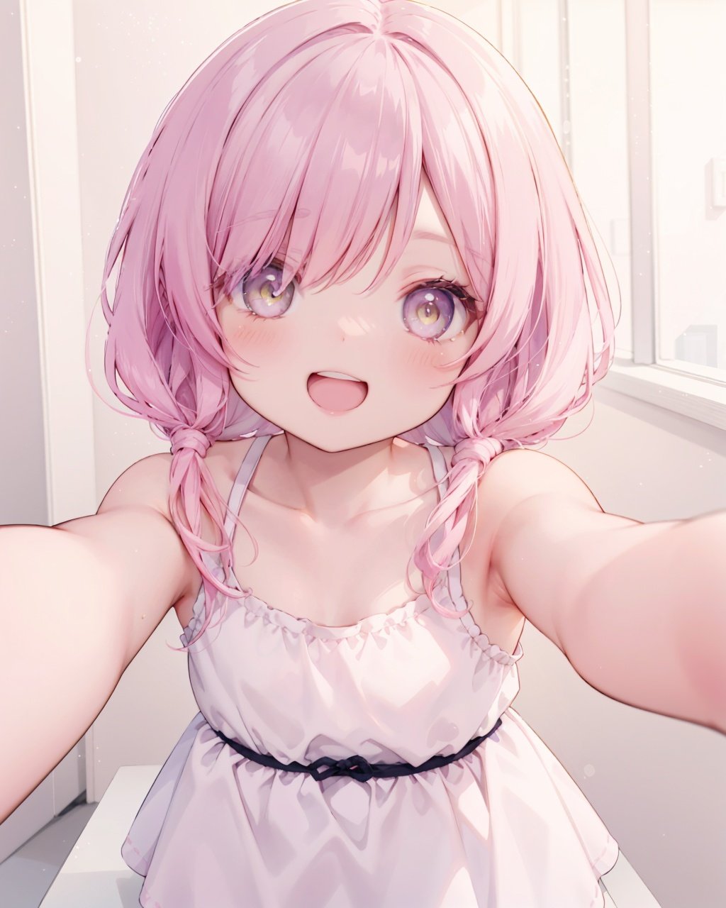 1girl, looking at viewer,collarbone, blush,bare arms, bare shoulders, face-to-face, reaching out,close range, pink hair,yellow eyes,hair over one eye,hair tie,medium hair with long locks , low tied,low ponytail,long locks,solo locks,full body,child,small breasts,bare shoulders,blush,light smile,open mouth, winking