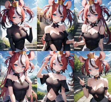 <lyco:hakosbaelz2-000007:1.0>, hakosrnd, black dress, crown,  upper body, smile, blush, outdoors, day, simple background, blue sky, sky, temple, looking at viewer, stairs, mountain, moody lighting, facing viewer, <lyco:bows1-000015:0.6>