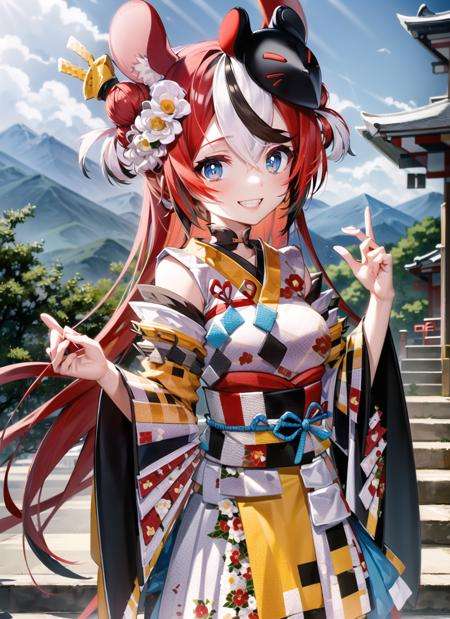 <lyco:hakosbaelz2-000007:1.0>, hakoskim, upper body, smile, blush, outdoors, day, simple background, blue sky, sky, temple, looking at viewer, stairs, mountain, moody lighting, facing viewer,