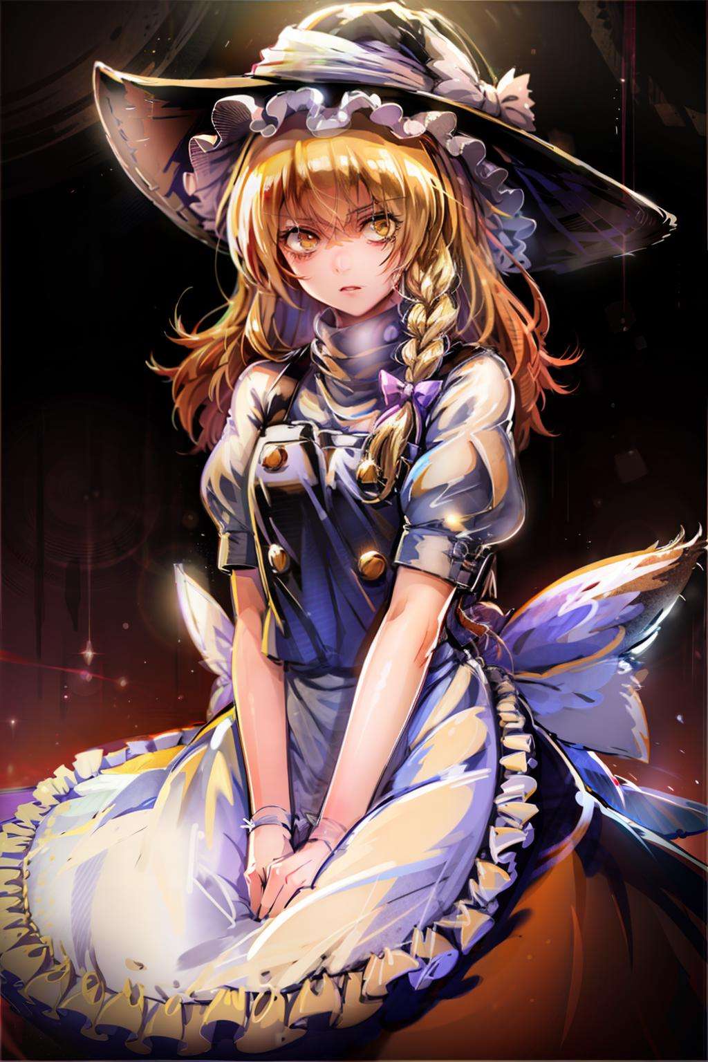 masterpiece, best quality, <lora:marisa:1>, <lora:lq:1>,lqstyle01,1girl, solo,yellow eyes, blonde hair, long hair, braid, witch hat,bow,wrist cuffs,short sleeves, apron