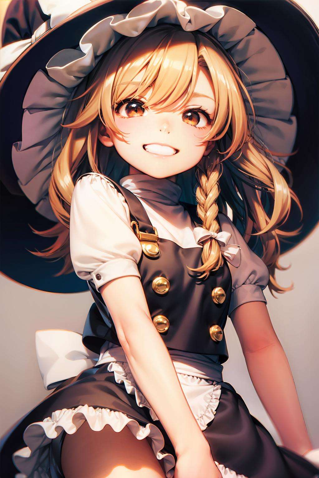 masterpiece, best quality, <lora:marisa:1>,1girl, solo,grin, kirisame marisa, grey background, 