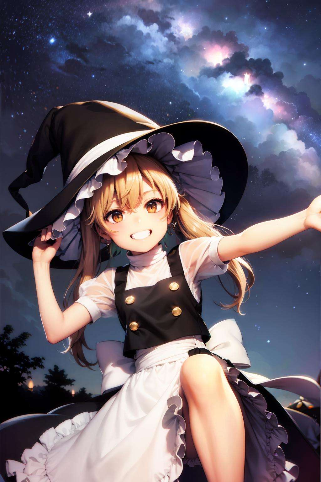 masterpiece, best quality, <lora:marisa:1>,kirisame marisa, sky,night,star,twintails, grin,witch hat, 